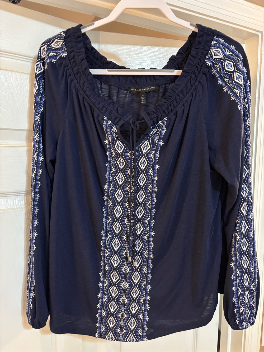 White House Black Market Navy Embroidered Peasant Blouse XL